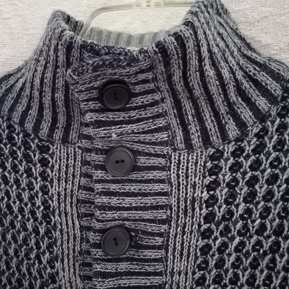 Vintage Blue Cable Knit Thick Button Down Turtleneck Sweater Size LG (T-338) - Picture 7 of 13